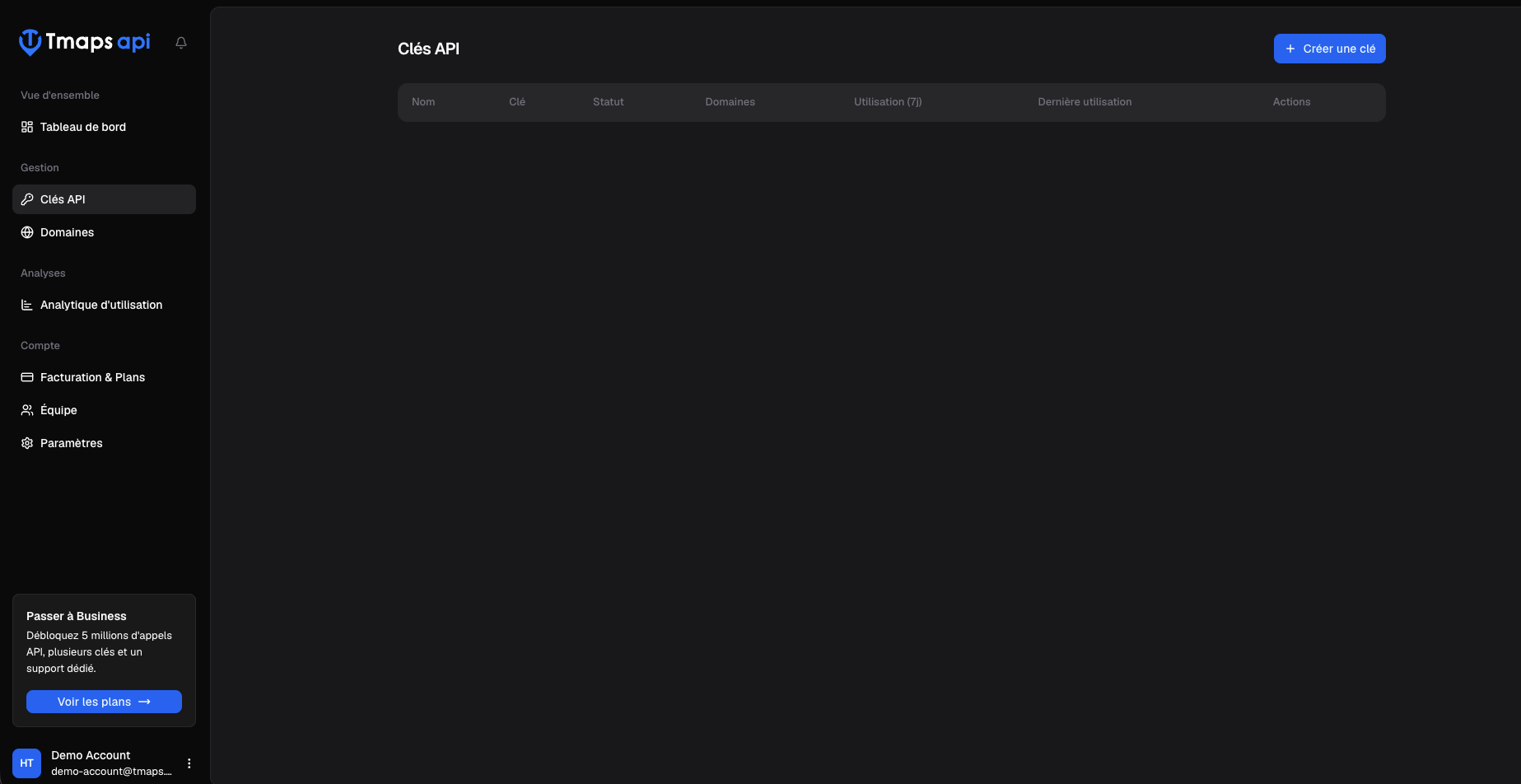 API Keys page before any key has been created, with the Create API Key button visible.