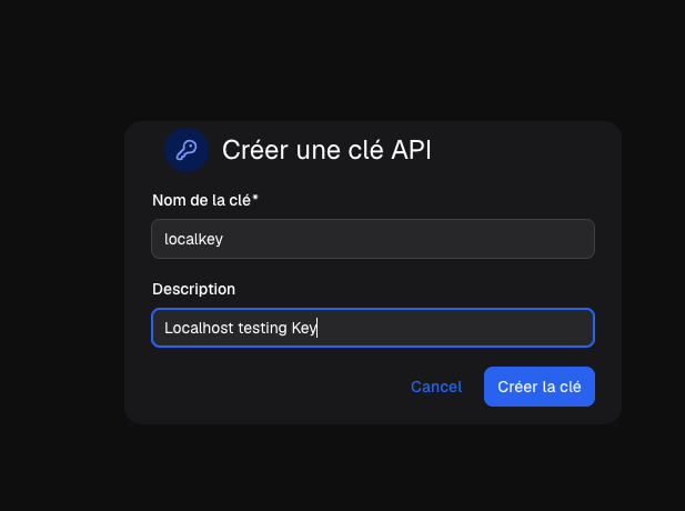 API key creation modal with the Name field.