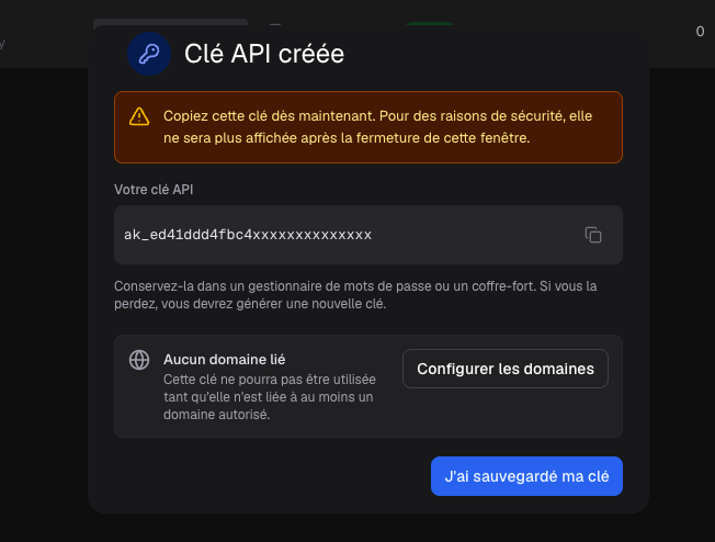 Freshly created API key, displayed for copy.