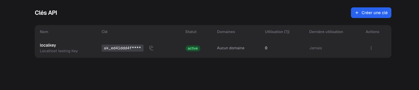 List of API keys with status, creation date and linked domains summary.