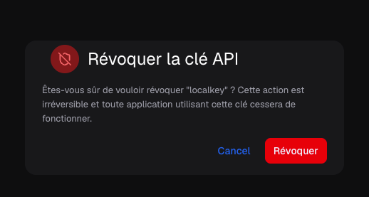 Revoke confirmation modal where you must type the key name.