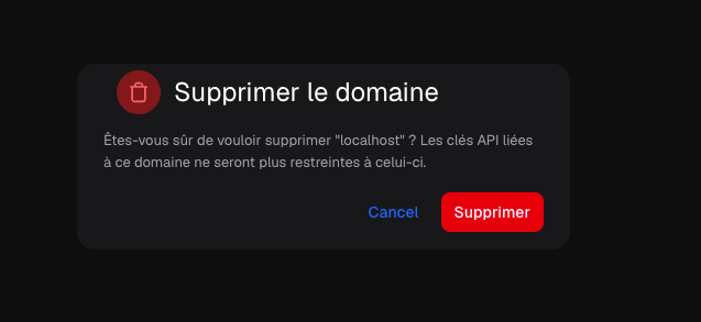 Authorized domain delete action with confirmation.